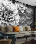 Dahlia Flowers Monochrome Black And White Canvas Wall Mural Self Adhesive Peel And Stick For Living Room Decor Premium Canvas Print
