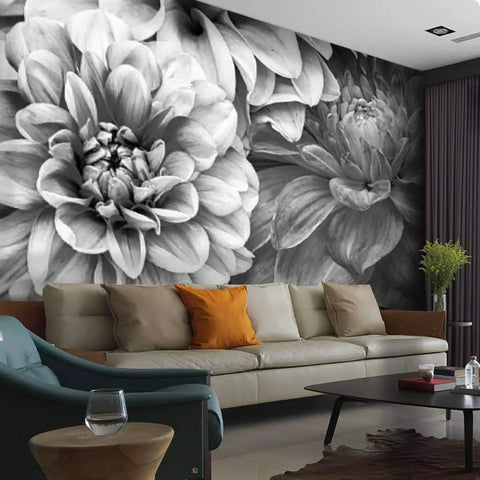 Dahlia Flowers Monochrome Black And White Canvas Wall Mural Self Adhesive Peel And Stick For Living Room Decor Premium Canvas Print