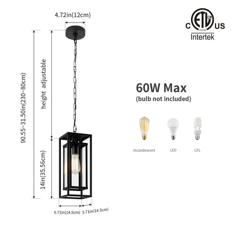 Dope 14 Inch Outdoor Pendant Light For Front Porch Featuring Adjustable Six Foot Chain And Sleek Vintage Metal Shade For Patio Entryway Hanging Lamp dimensions and bulb information.