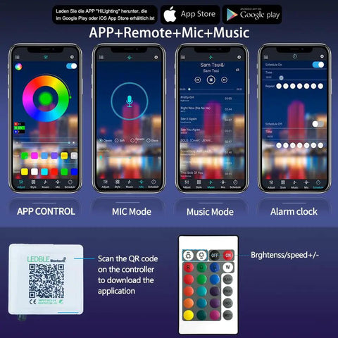 60Ft Bluetooth LED Strip Lights With Music Sync app interface showing color and music modes