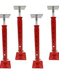 Four red basement floor jacks with adjustable height 18.5–34.6 in, 4400 lb capacity each, screw-post, square base.