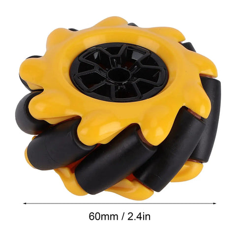 Close-up of Omnidirectional Mecanum Wheel For TT Geared Motor, 60mm rubber coated robot car wheel with yellow and black design