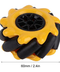 Close-up of 60mm yellow and black Mecanum Wheel Set For TT Geared Motors DIY Robot Car, ABS rubber build.