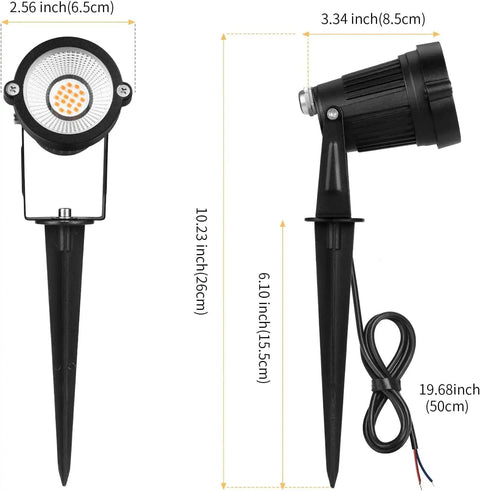 Low Voltage Outdoor Landscape Lights Kit 6 Pack IP65 Waterproof 7W 700LM Warm White 2700K With Connectors, size details shown