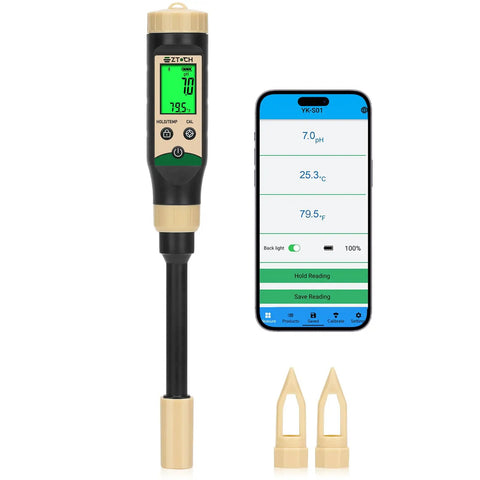 Ultimate Soil pH Meter With Bluetooth Water pH Tester, Digital pH and Temperature Meter with ATC, shown with mobile app display
