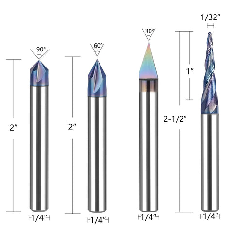 All-In-One 10 Piece TAC Coated CNC Router Bit Set Pro-Grade With One Quarter Inch Shank, detailed view of 3 engraving bits.