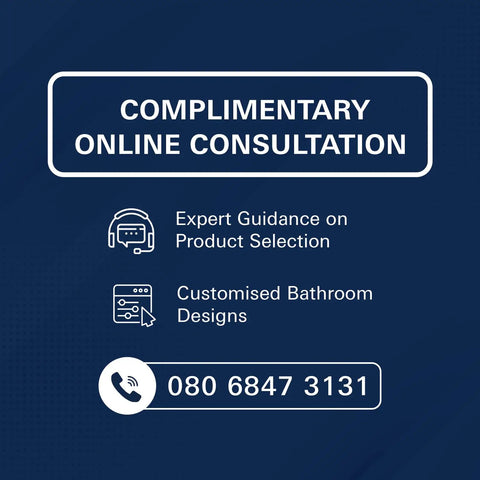 Promotional image for complimentary online consultation with expert guidance and custom bathroom design, contact 080 6847 3131.