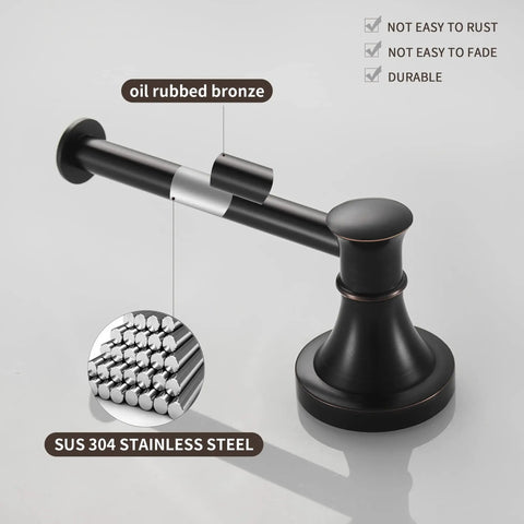 Close-up of oil rubbed bronze toilet paper holder wall mount with SUS 304 stainless steel details and anti-fall end design.
