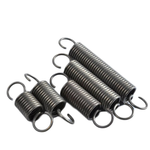 Heavy Duty Dual Hook Extension Springs Heat Tempered Steel Tension Hardware Double End Hooks in various sizes on display.