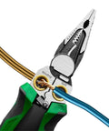 Top Rated 8 In One Cable Stripper Tool Pro Electric Pliers With Manual Voltage Tester Multi Function Wire Cutter Crimping Kit For Home Diy Pros Great Deal showing grips on wire and cutting edges.