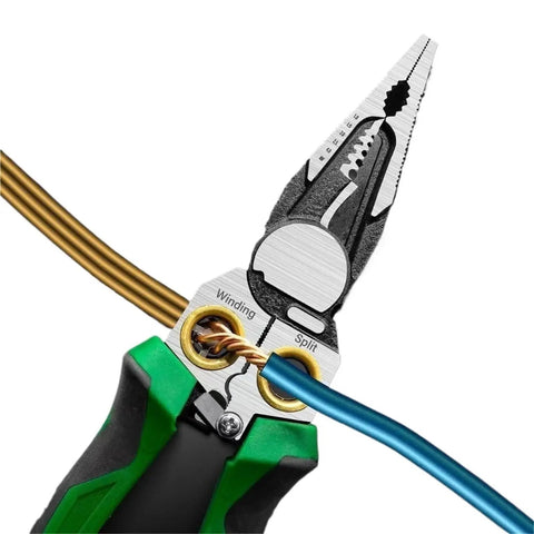 Top Rated 8 In One Cable Stripper Tool Pro Electric Pliers With Manual Voltage Tester Multi Function Wire Cutter Crimping Kit For Home Diy Pros Great Deal showing grips on wire and cutting edges.