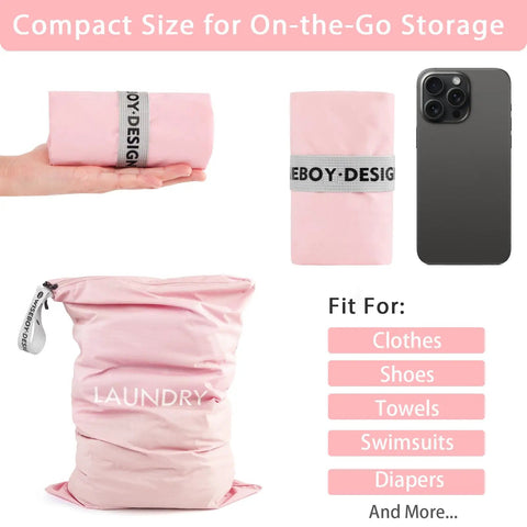 Two Pack Travel Laundry Bags Wet Dry Organizer compact size comparison with hand and smartphone, pink waterproof nylon bag.