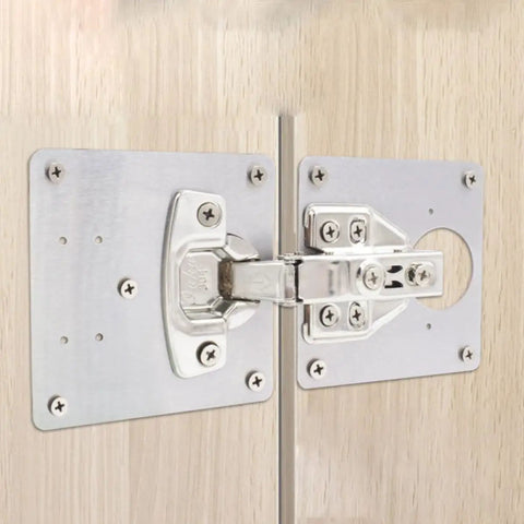 Close-up of six pack stainless steel cabinet hinge plates for easy quiet opens and soft close preventing slams includes screws
