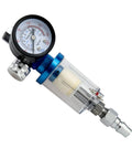 Heavy Duty Spray Gun Pressure Regulator With Integrated Oil Water Separator Filter For Airbrush And Auto Detailing, angled view with gauge and moisture trap.