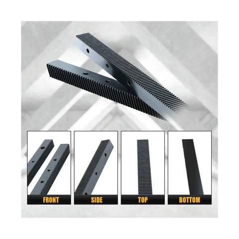 Helical Gear Rack 1.5M with straight teeth, CNC transmission, front and side views, 45 steel, high strength