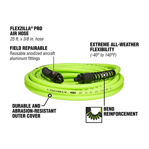 Tough As Nails Pro Air Hose Three Eighth Inch By 25 Feet Heavy Duty Lightweight Hybrid Polymer Zero Kink Construction with durable fittings.