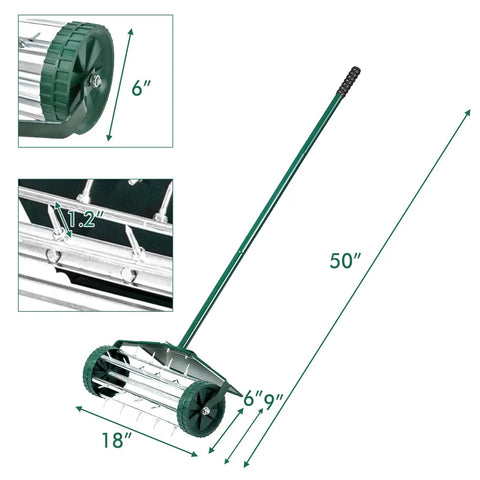 Rolling Lawn Aerator With Fender And 18 Inch Spike Roller, 50 Inch Anti Slip Handle, side view with dimensions marked