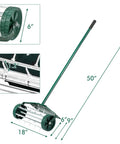 Rolling Lawn Aerator With 3 Piece Long Steel Handle And Fender 18 Inch Rotary Push Tine Spike Tool dimensions.