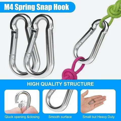 Front view of Amazon 30-pack M4 mini carabiner clips, 1.57-inch stainless steel, spring-loaded snap hooks