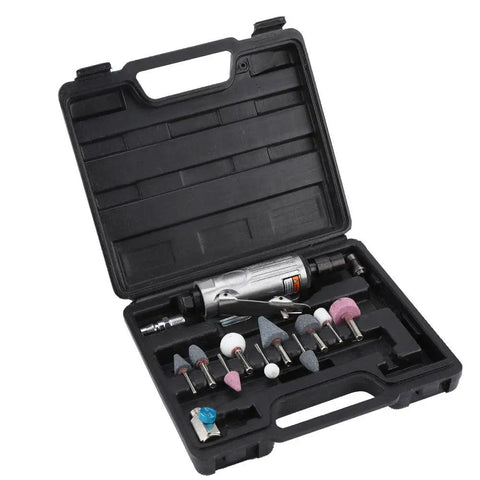 Top Tier 25000 Rpm Air Die Grinder Kit With Quick Chuck And 16 Piece Set in a case showing accessories for metal and stone work.