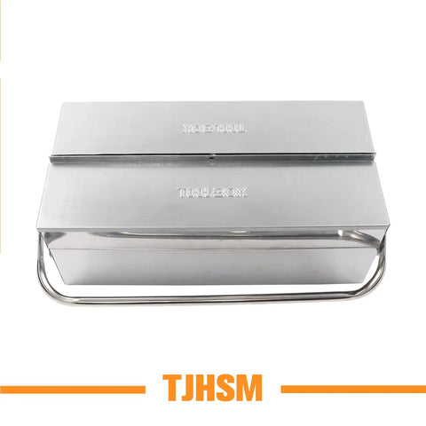 Solid Workhorse Folding Stainless Steel Toolbox With Three Spacious Tiered Trays And Reinforced Carry Handle, 17x8x6 inches, top view.