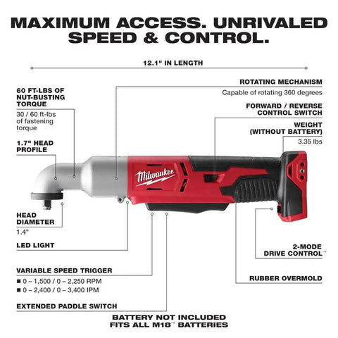 Knuckle Buster Cordless Right Angle Impact Wrench Featuring Dual Speed Drive Control And Three Eighth Inch Friction Ring Anvil For Confined Automotive Repair Jobs Bare Tool, showing design, specifications, and features.