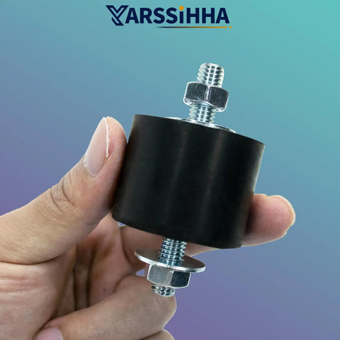 Rock Hard M8 Anti Vibration Rubber Isolator Mounts 4 Pack, 40mm rubber body, shown in hand, durable shock absorber kit.
