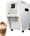 Automatic Powder Dispenser Machine for precise dosing, showing control panel and dispensing nozzle, with coffee cup beside it.
