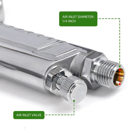 Close-up of Heavy Duty Pressure Feed Air Spray Paint Gun With One Piece Steel Body, showing 1/4 inch air inlet valve.