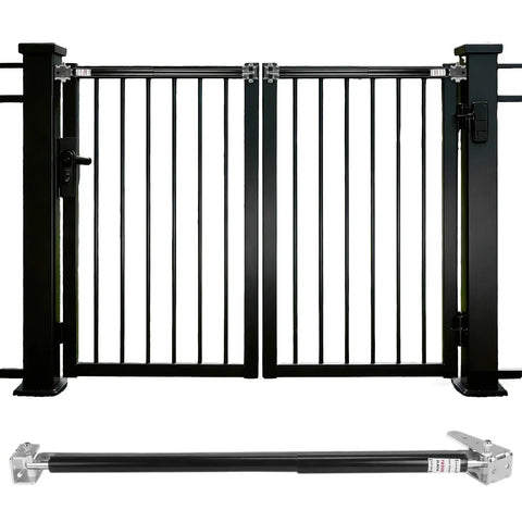 Outdoor Hydraulic Gate Closer Kit Six Pack TB200B Heavy Duty Gate Closer for Gates Weighing 60 to 140 Pounds shown with gate