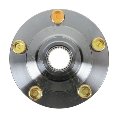 Front view of a Front Passenger Side Wheel Bearing And Hub Kit 2 Piece Set For Mazda 3 2005-2013 And Mazda 5 2006-2015 Bolt On Drop In Replacement With High Quality Bearings DIY Friendly Install Replaces 40210-HA00E And Related Part Numbers