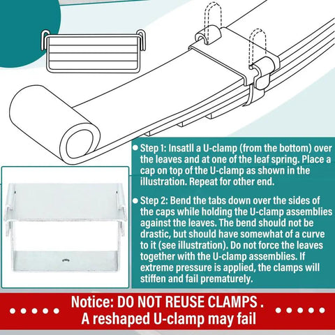 Heavy Duty Leaf Spring Clamp Kit For 2.5 Inch Wide Springs Upgrades Torque Control And Stability Perfect For Towing Big Rigs Or Hauling Heavy Loads With A Smooth Ride No Wobble. Leaf spring clamp kit with U-clamp install diagram, stainless steel 4 pack