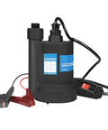 12V DC Submersible Sump Pump With Switch, 1500 GPH Workhorse Utility for Basements and Pools, black design with red clamps.