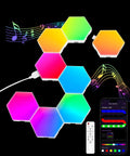 Hexagon RGB LED Light Panels 8 Pack With Music Sync, App Control, And Remote against black background with music notes