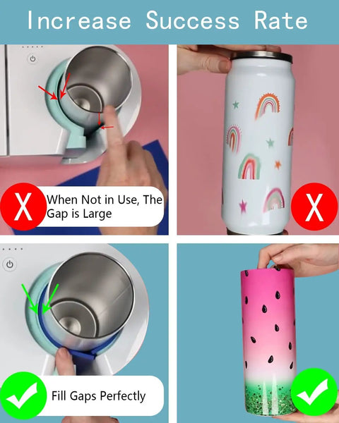 Sublimation Tumbler Wrap Kit For Mug Press With Three Silicone Thickness Wraps showing use on mugs and tumblers with gaps.