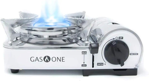 Ultra Compact Emergency Camping Stove Mini Butane Portable With Carrying Case Stainless Steel White 7,650 BTU Heat Output