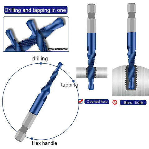 6 Piece Drill And Tap Bit Set With Nano Blue Coating showing hex shank and threading for metal work