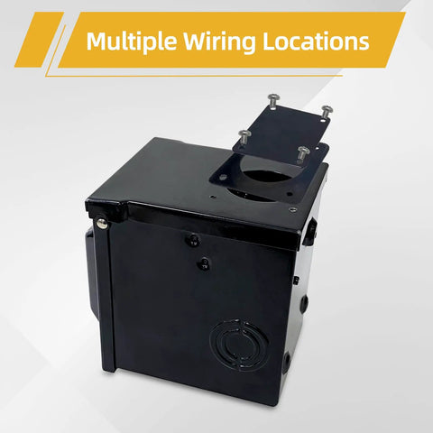 Side view of Waterproof Lockable Enclosed Power Panel Box With 50 Amp 125 250V RV 14 50R Outlet in black with multiple wiring points.