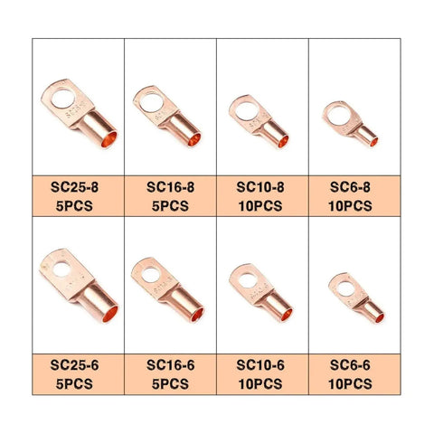 Awesome 120Pcs Assorted SC6 To SC25 Car Auto Copper Lug Ring Terminal Lugs With Seal And Heat Shrink Tubing For CrImp Connectors That Make Electrical Wiring A Total Vibe. Copper ring lugs set, SC25-8 to SC6-6 sizes, for car wiring.
