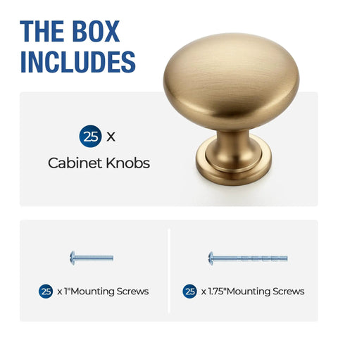 Champagne Bronze Cabinet Knobs 1-1/6 Inch Solid Zinc Alloy With Brushed Brass Finish 25 Pack includes knob and screws