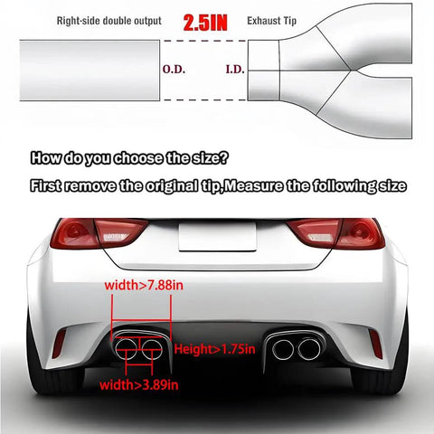 Fresh Upgrade For Your Daily Driver Swaps A Tight Two Point Five Exhaust Pipe For A Beefy Dual Three Point Five Tailtip showing size measurements.
