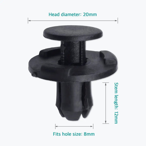 Close-up of a single black nylon push clip with dimensions, part of 20 Pcs Cowl Bumper and Fender Liner Push Clips for 01553 05323 Fits Nissan Sentra Rogue Murano Maxima Altima Versa Pathfinder Frontier Armada 350Z and Infiniti G25 G35 G37 FX35 FX45 FX50 EX35