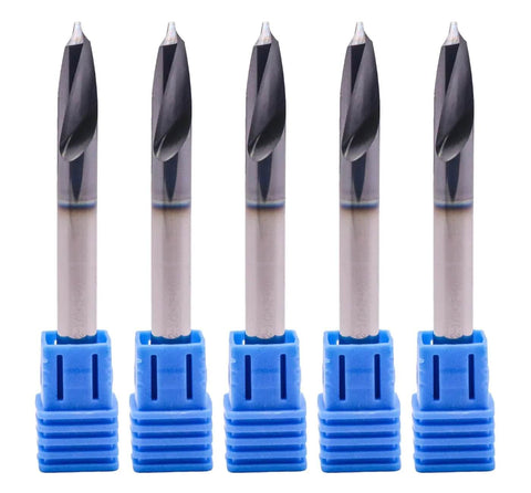 Front view of five solid carbide spotting drills with blue plastic holders and 1/4" shanks.