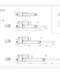 Technical drawing of Long Stroke Linear Servo Actuator 100Mm 150Mm 200Mm PWM Control 12V 28V for robotics and automation projects.