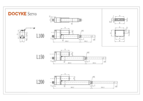Technical drawing of Long Stroke Linear Servo Actuator 100Mm 150Mm 200Mm PWM Control 12V 28V for robotics and automation projects.