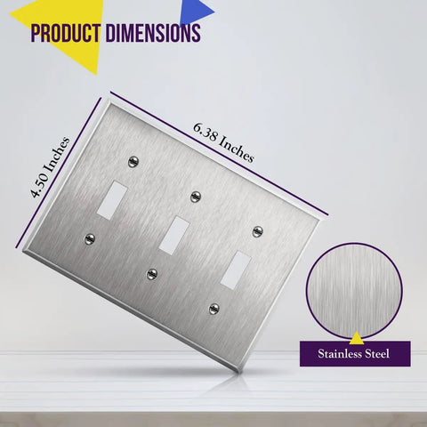 Stainless Steel Wall Plate For Toggle Switches 3 Gang 4.50 By 6.38 Inches Corrosion Resistant Cover For Rotary Dimmers image showing dimensions.