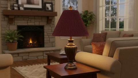 Rich Red Empire Pleated Spider Lamp Shade With Brass Fitter Dope Classic Look in cozy living room setting.