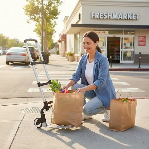 Person using Folding Hand Truck Dolly For Moving And Shopping Aluminum Portable Collapsible Cart 200 Lb Capacity With Wheels