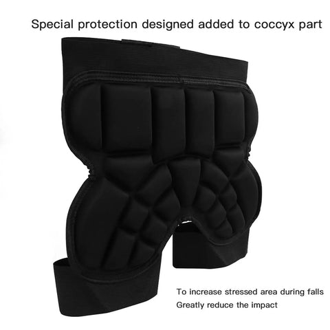 Kids Hip Pad Guard With Thick 25mm EVA Padding And Adjustable Hook Loop Belt For Outdoor Sports Like Skiing And Roller Skating Super Safe And Comfy Breathable Lining Fits Waist 22 To 31 Inches Black, showing coccyx protection design.