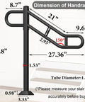 Next Level Black Metal Single Post Handrail For Outdoor Steps dimensions on a modern staircase, showing 35.8 inch height and arm angles.